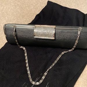 Black silky material with rhinestone clasp dress purse-silver trim